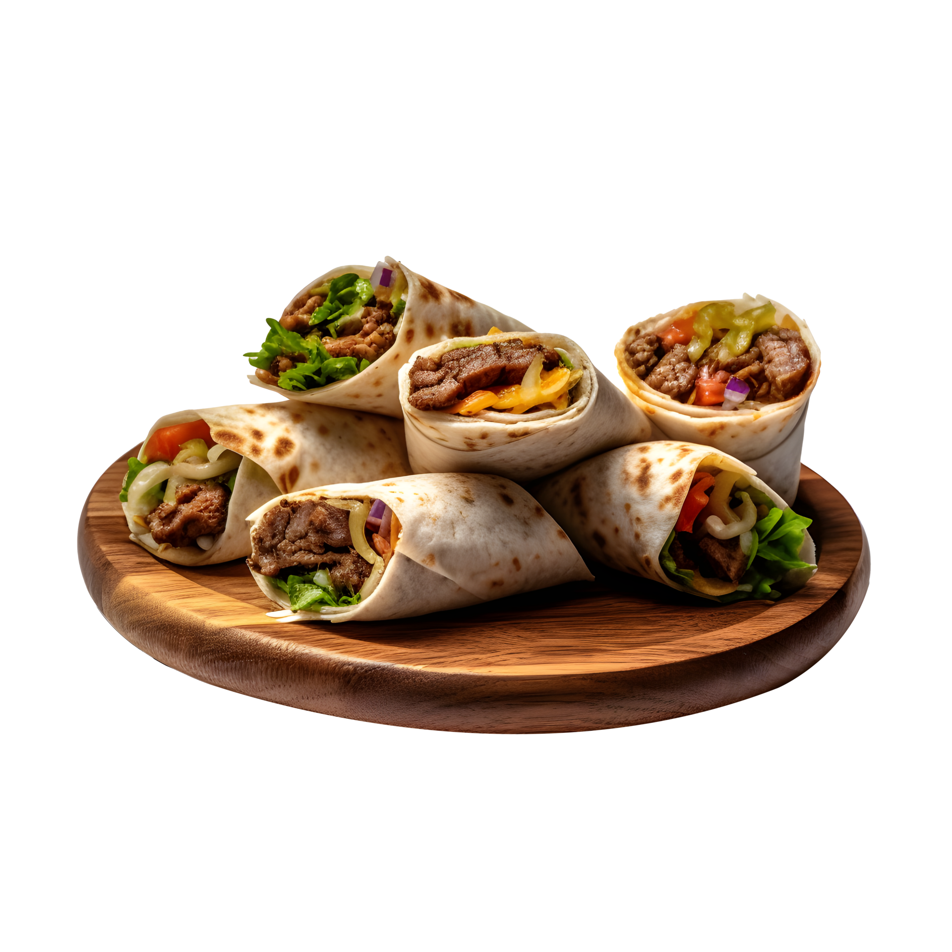 Burritos Wrapped with Beef and Vegetables on wooden plate, isolated on  white transparent background, ai generate 27297790 PNG