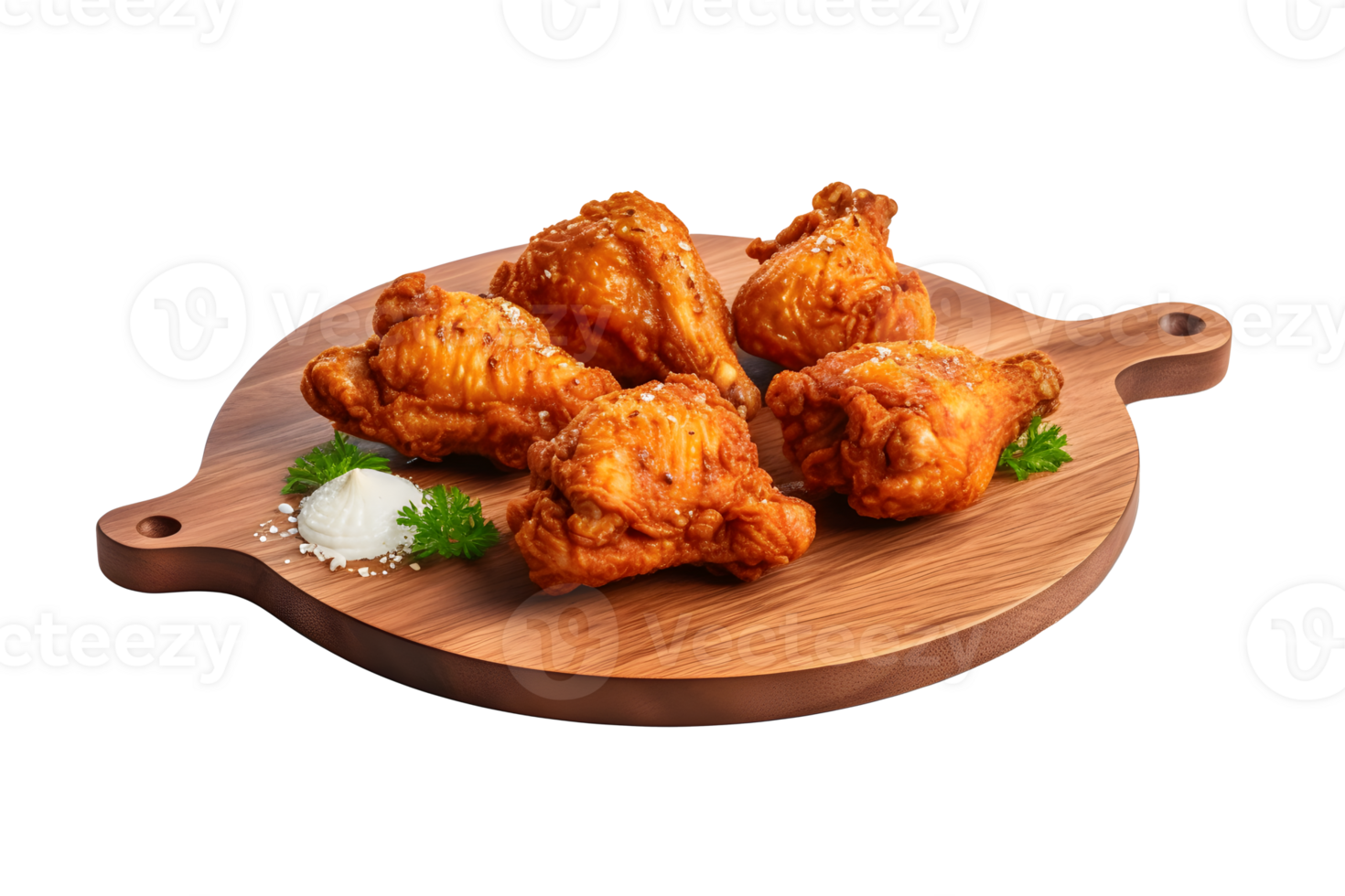 Fried chicken on wooden plate, delivery foods isolated on white