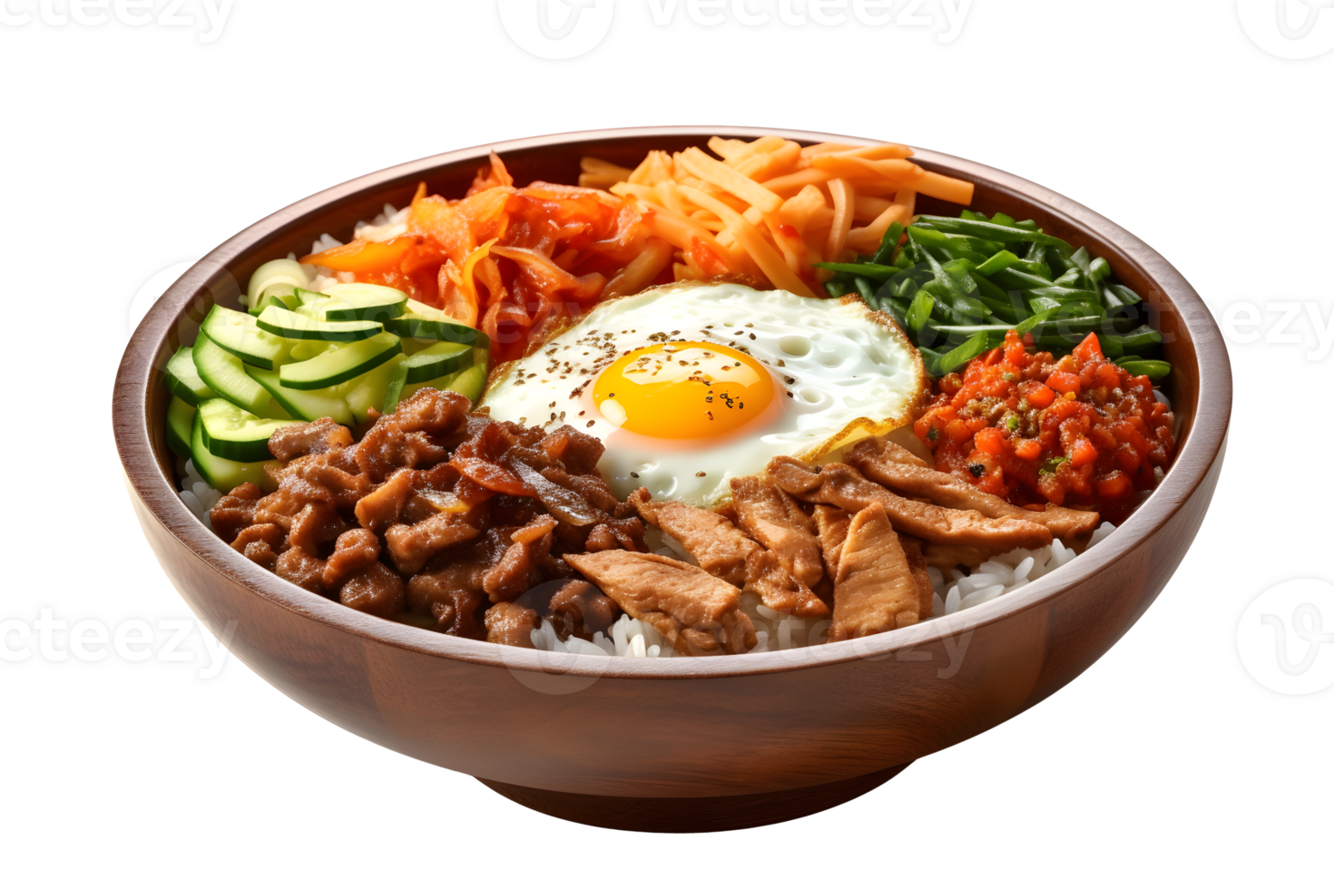 Bibimbap rice and vegetables Korean food in bowl, isolated on white background, ai generate png