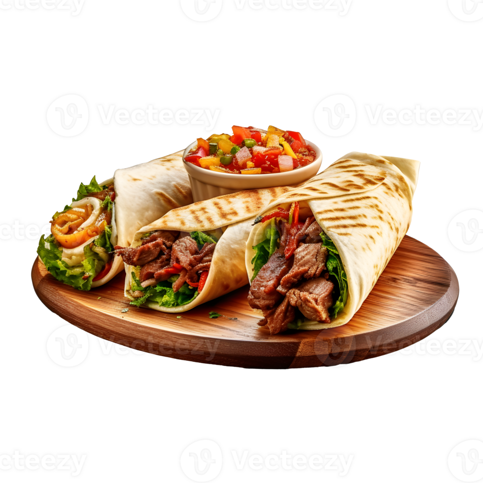 Burritos Wrapped with Beef and Vegetables on wooden plate, isolated on white background, ai generate png