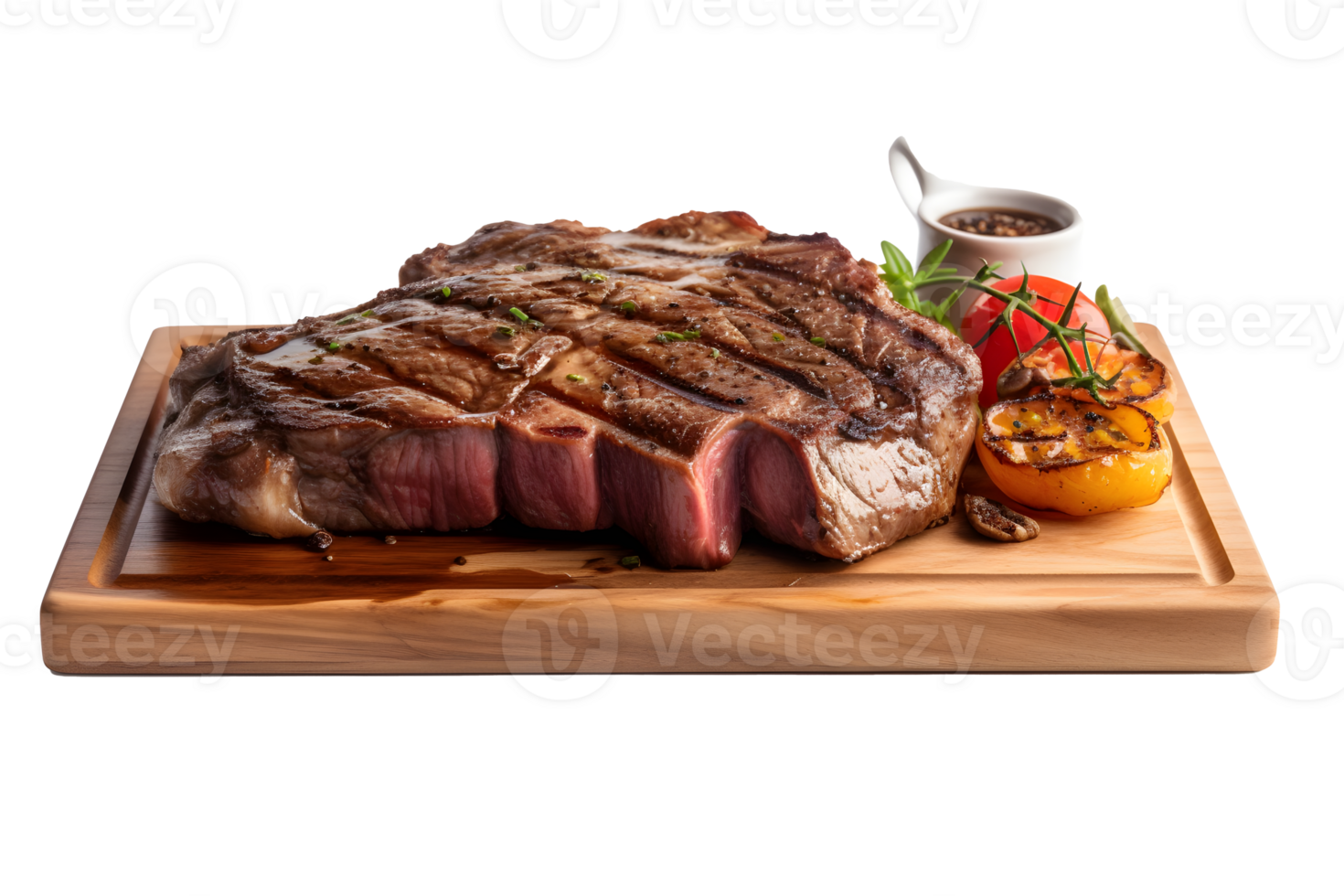 Beef steak meat cutting on a wooden board, Japanese Wagyu Beef Yakiniku Steak, isolated on white background, ai generate png