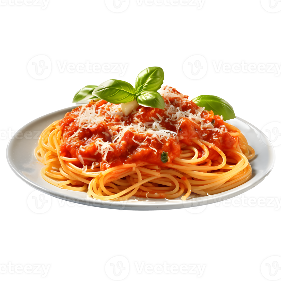 Spaghetti with tomato sauce and basil in a plate, isolated on white  background, ai generate png