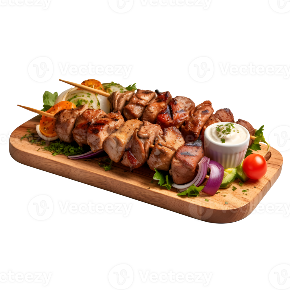 Kebab with grilled Beef and Vegetables on wooden plate, isolated on white background, ai generate png