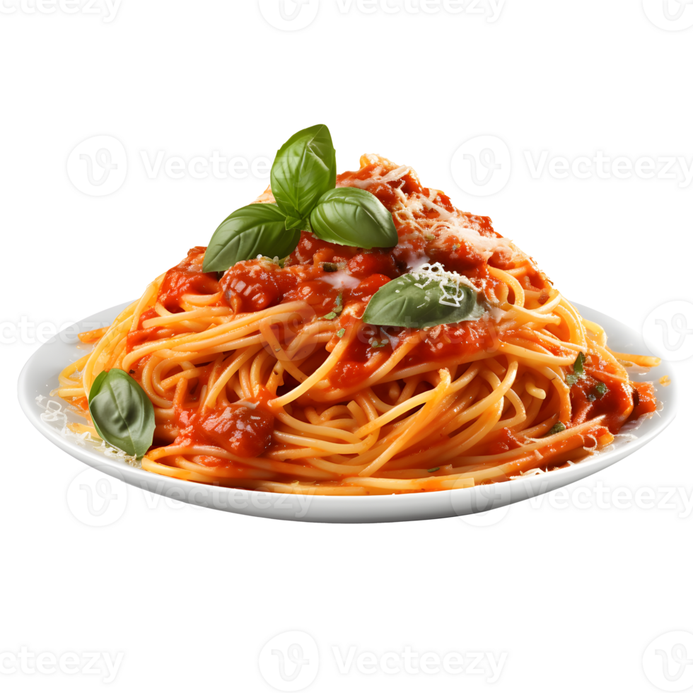 Spaghetti with tomato sauce and basil in a plate, isolated on white  background, ai generate png