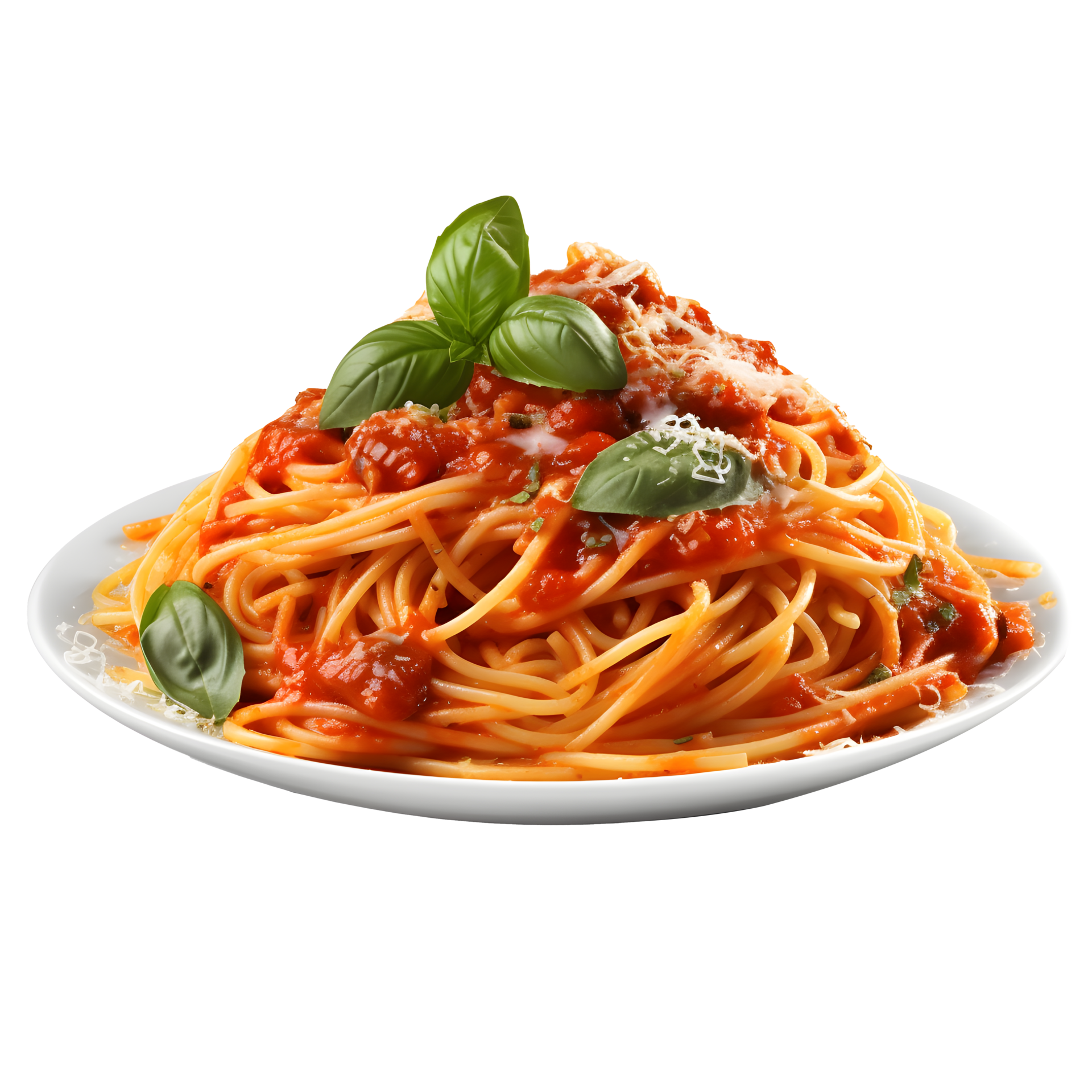 Spaghetti with tomato sauce and basil in a plate, isolated on white