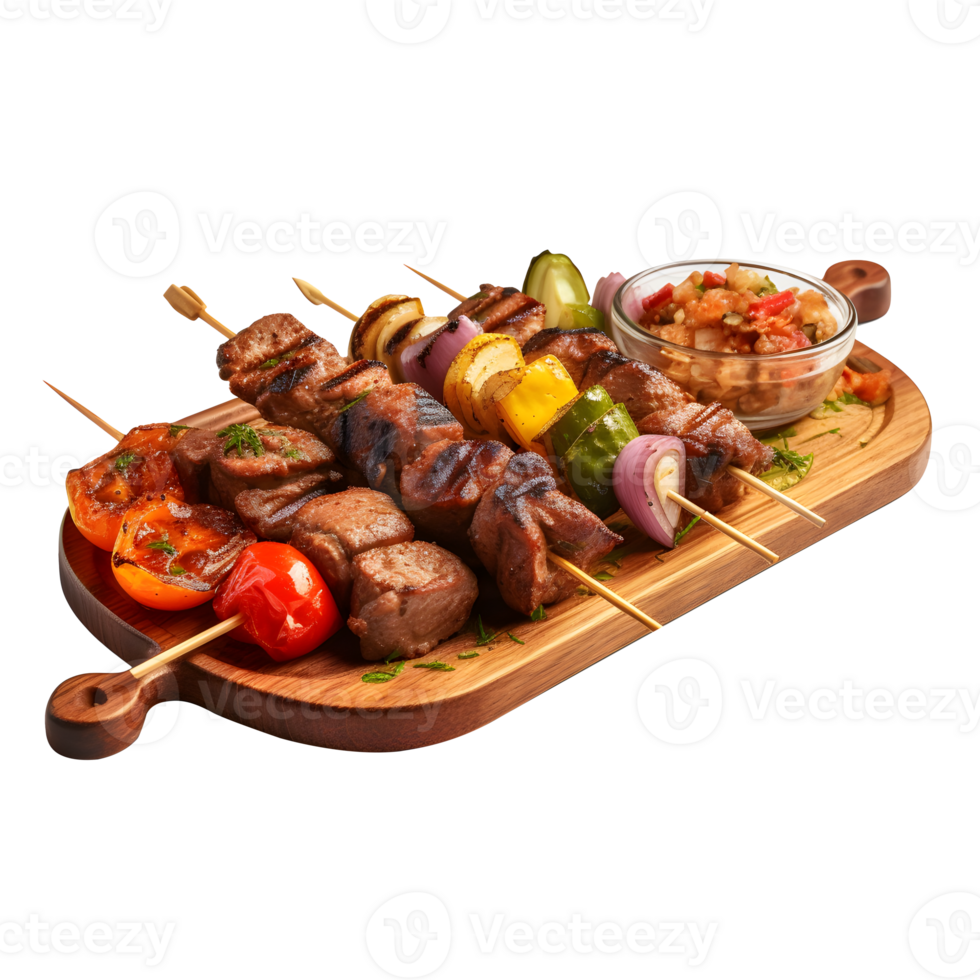 Kebab with grilled Beef and Vegetables on wooden plate, isolated on white background, ai generate png