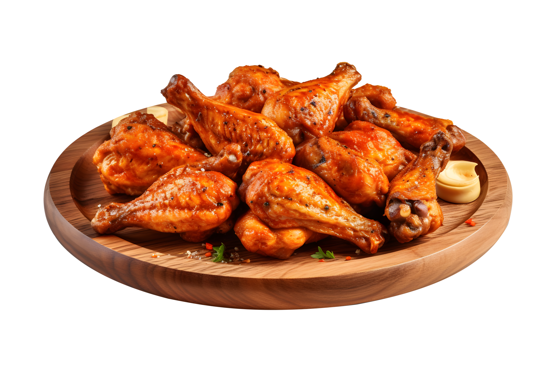 Roasted chicken wings on wooden plate, isolated on white background, ai