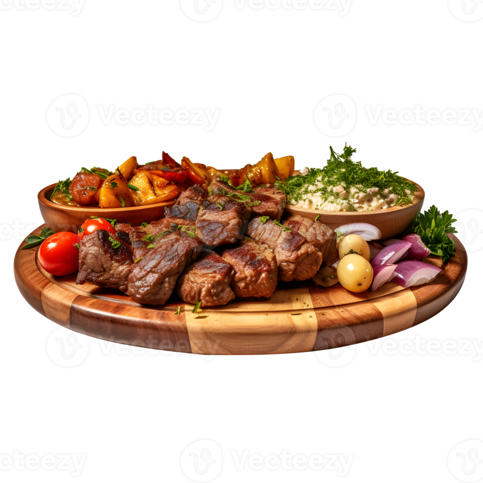 Kebab with grilled Beef and Vegetables on wooden plate, isolated on white background, ai generate png