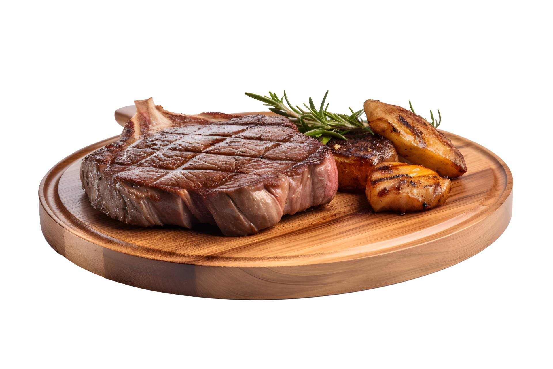 Beef steak on wooden plate, isolated on white background, ai generate
