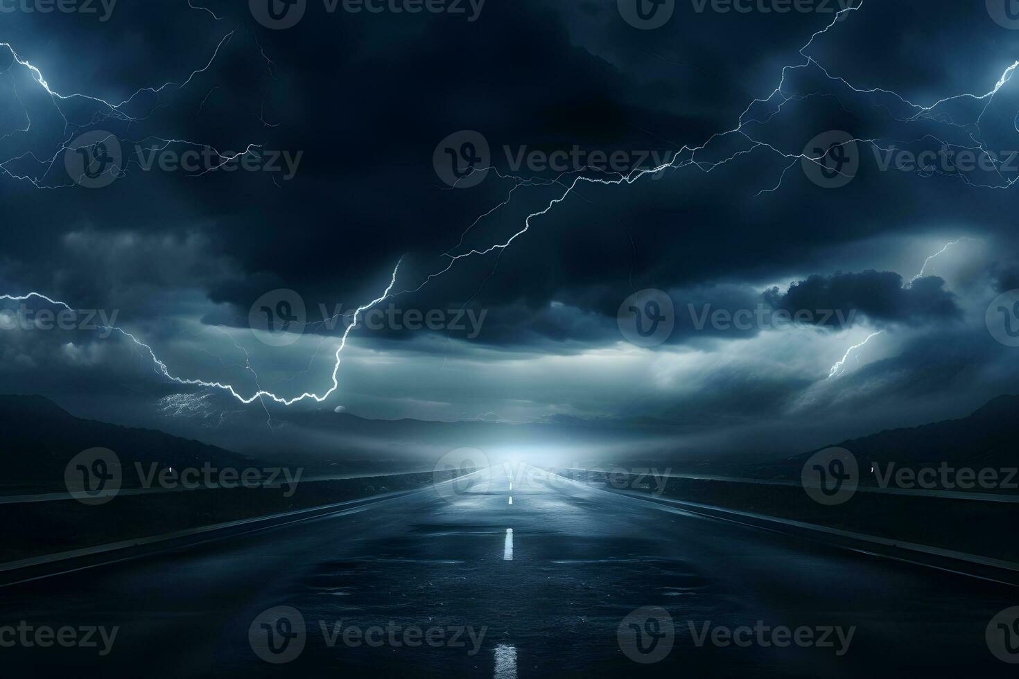 empty space road with storm clouds lightning in the sky, mock up place. Landing page concept, AI generate, AI generate photo