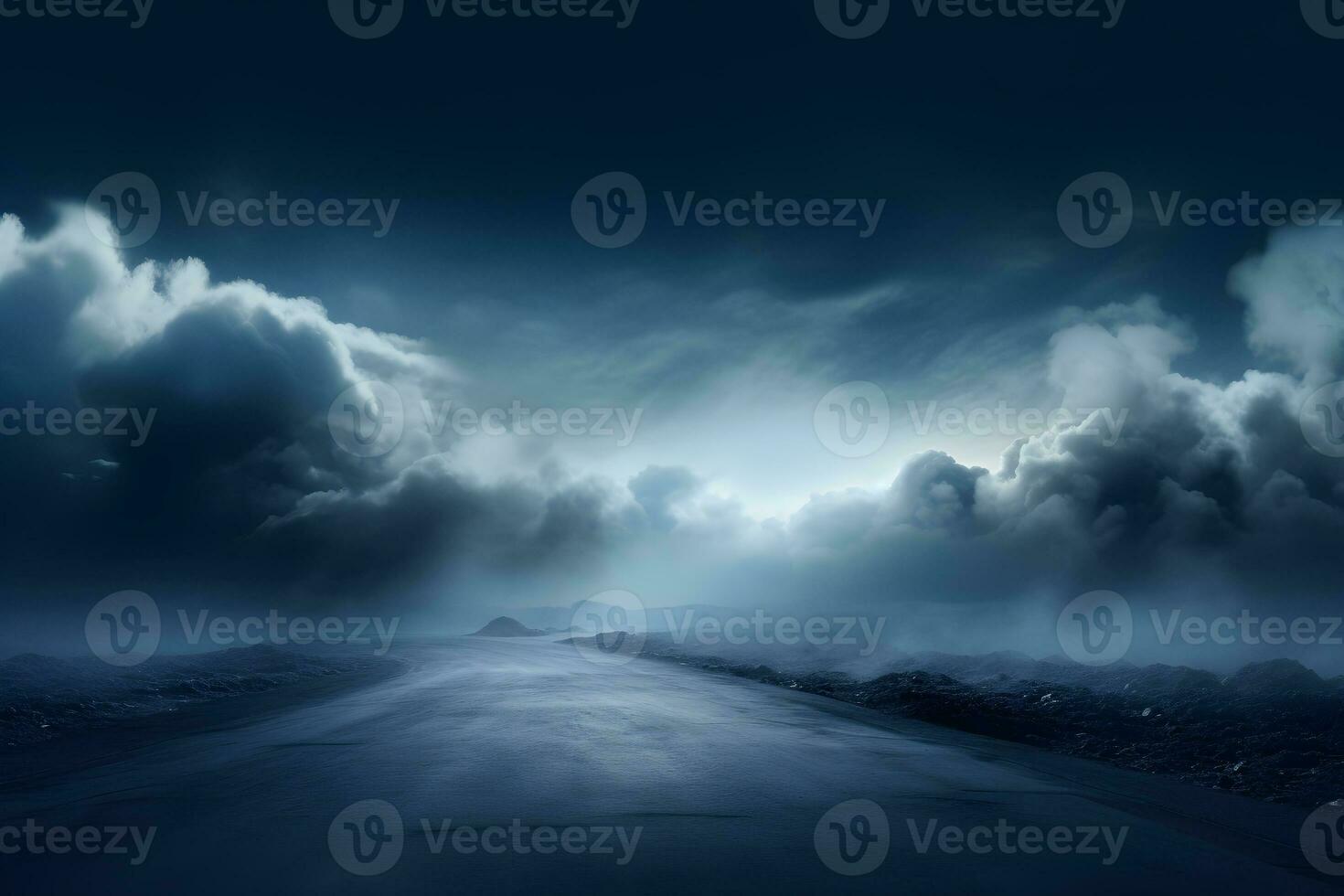 empty space road with storm clouds lightning in the sky, mock up place. Landing page concept, AI generate, AI generate photo