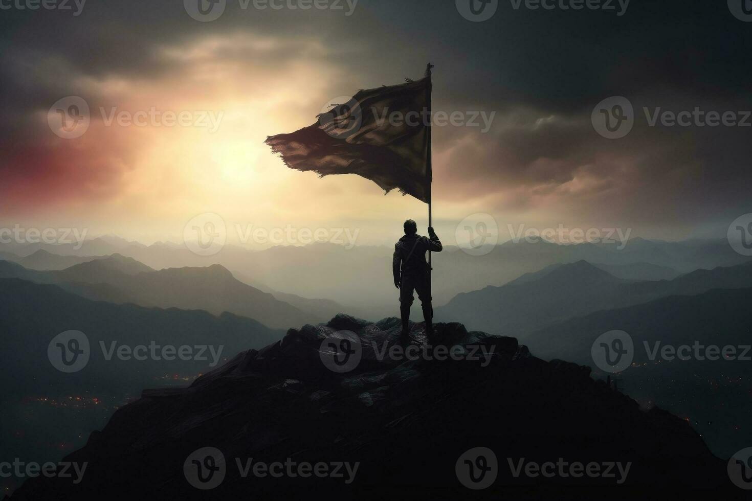 silhouette of businessman with flag on mountain top over sky and sun light background, AI generate photo