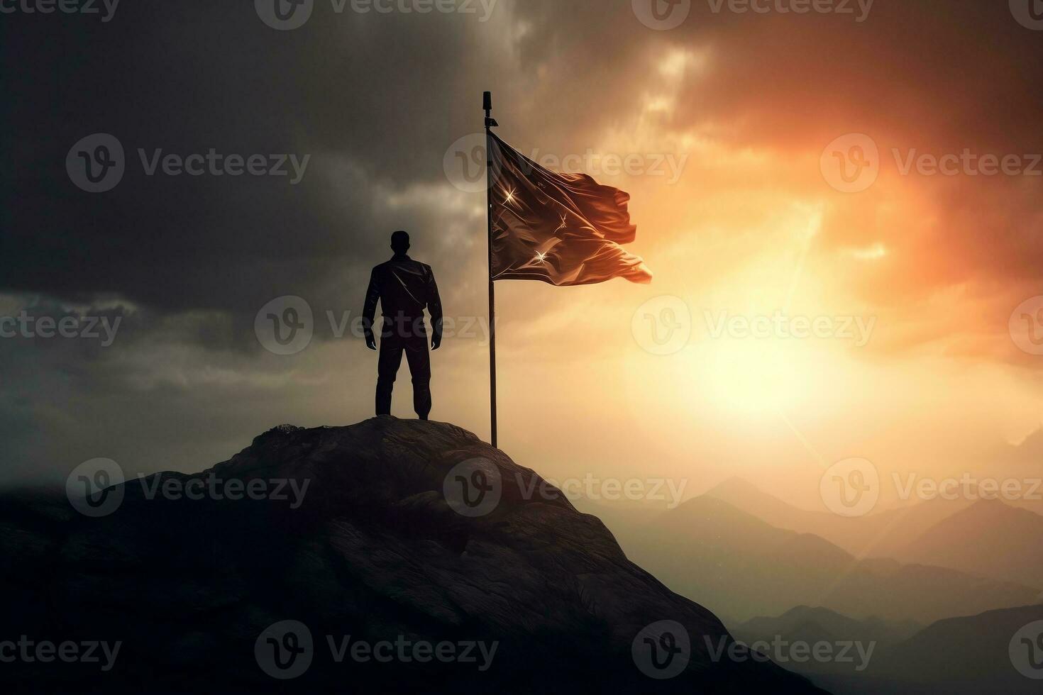 silhouette of businessman with flag on mountain top over sky and sun light background, AI generate photo