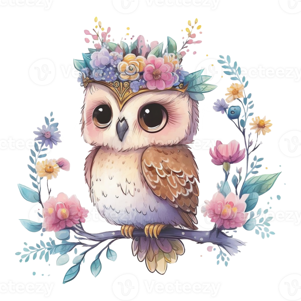 Cute Spring Owl Watercolor Illustration AI Generated png