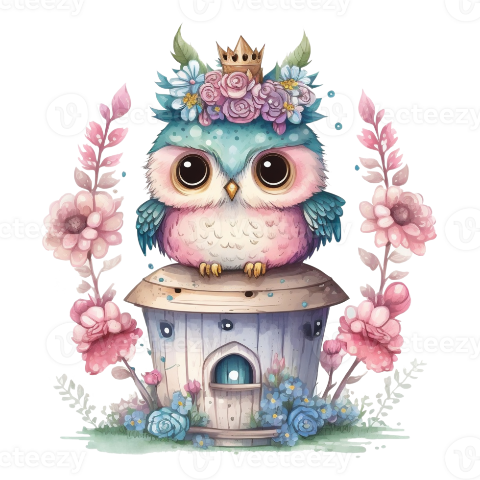 Cute Spring Owl Watercolor Illustration AI Generated png