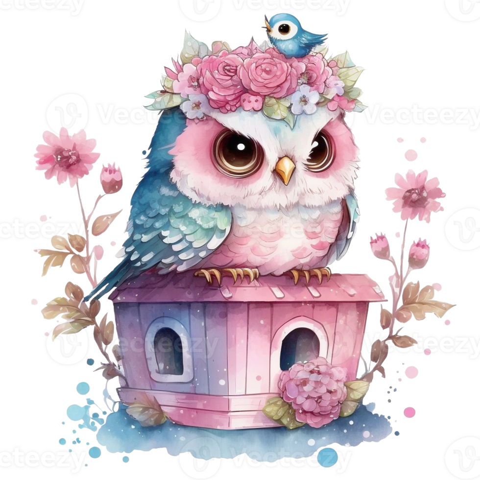 Cute Spring Owl Watercolor Illustration AI Generated png