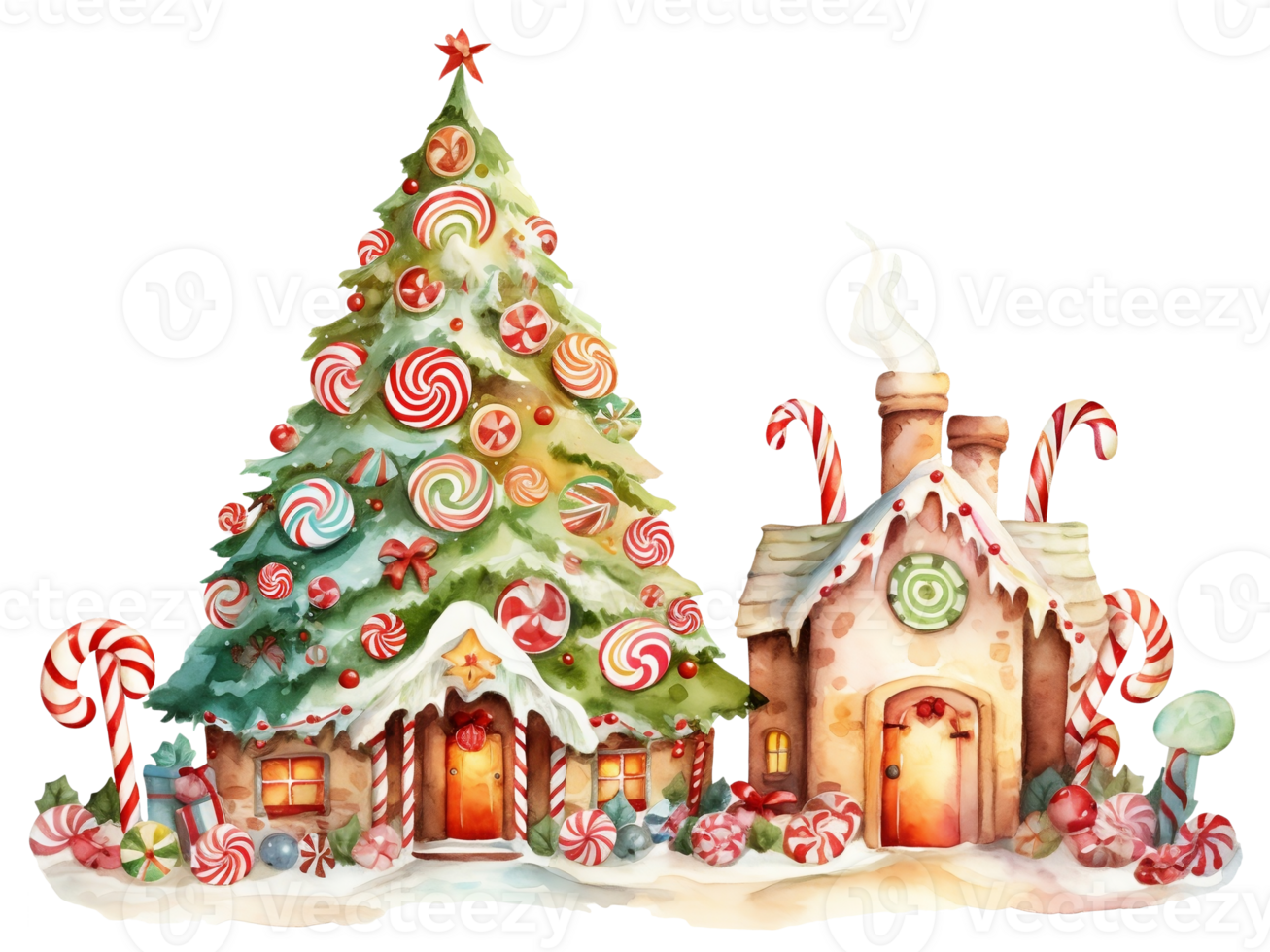 Whimsical Christmas Trees in Watercolor Illustration AI generated png
