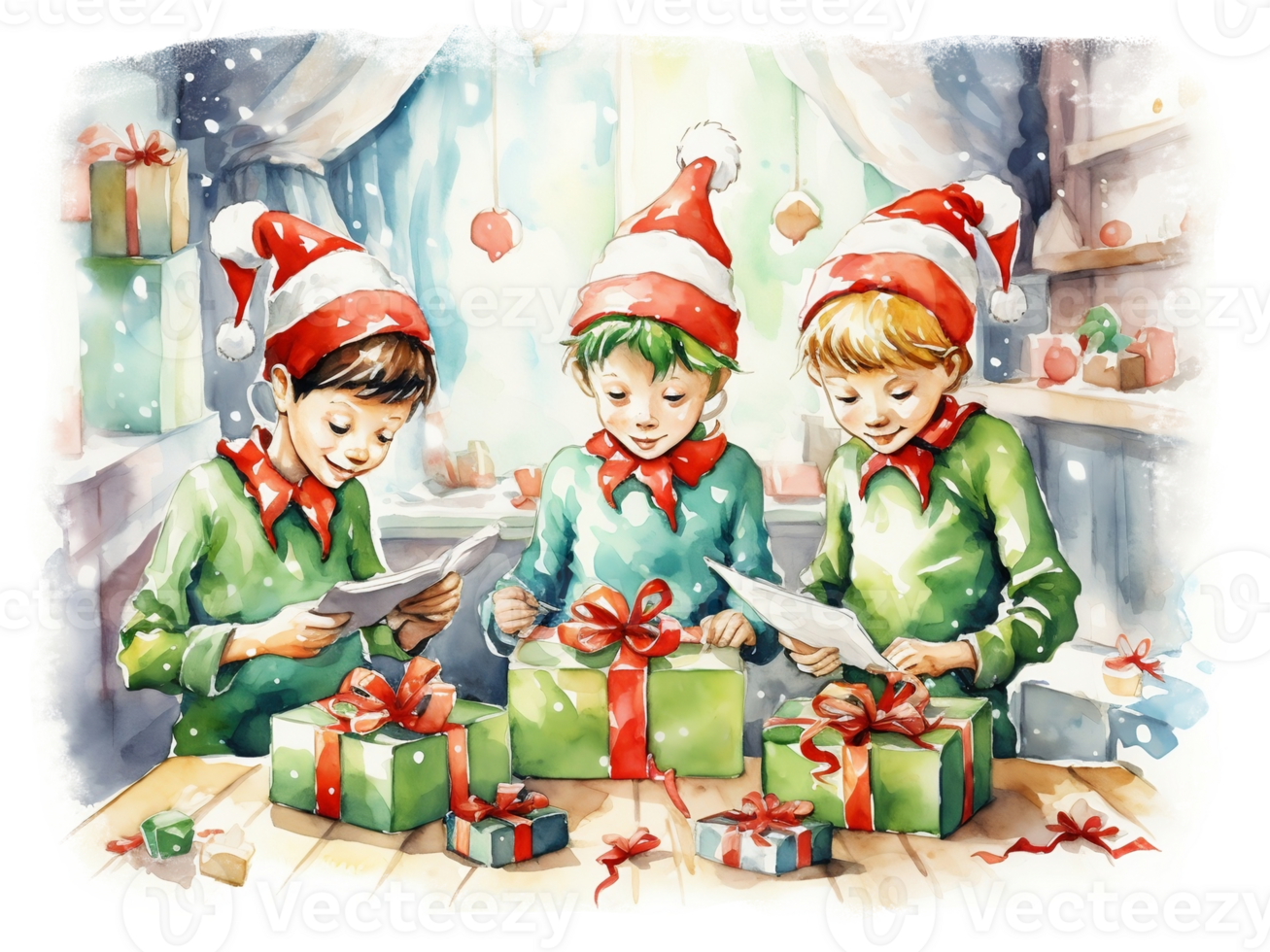 Christmas Santa And Elves Illustration AI generated png