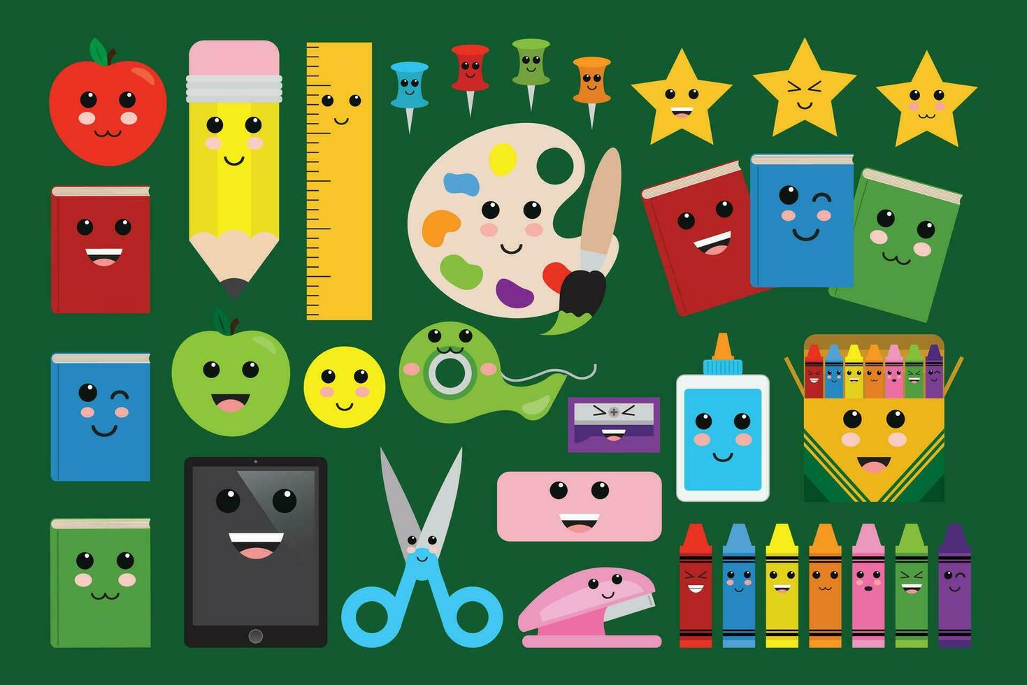 Back to school supplies. Cute emoji face school supplies. Crayons, pencil, apple, ruler, ipad, scissors, books, stars. Vector illustration in flat style.