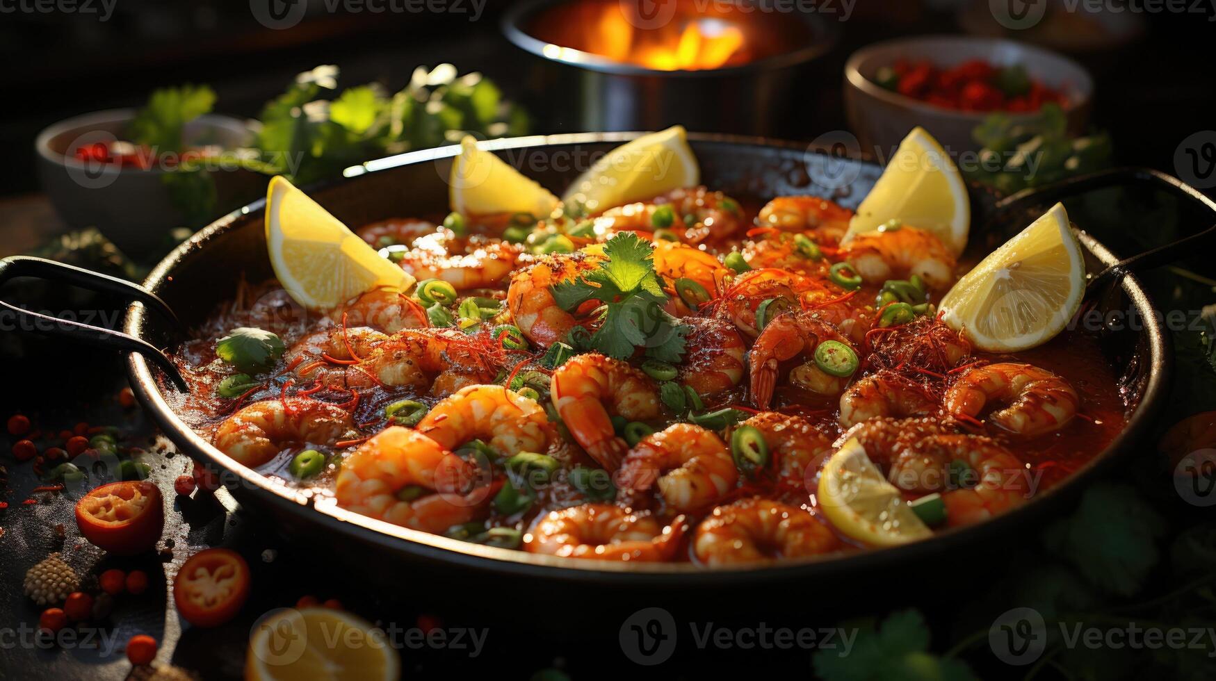 Tempting close-up of a bowl of Tom Yum Goong, a spicy shrimp soup, capturing the essence of Thai cuisine. Generative AI. photo