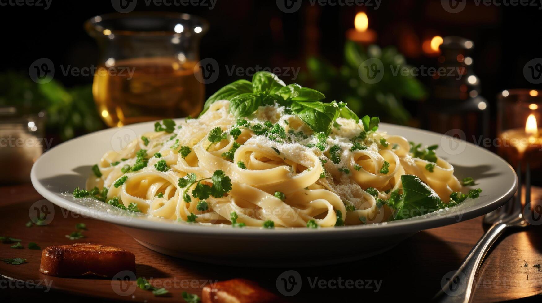 Delicious Fettuccine Alfredo adorned with fresh parsley and Parmesan. Generative AI. photo