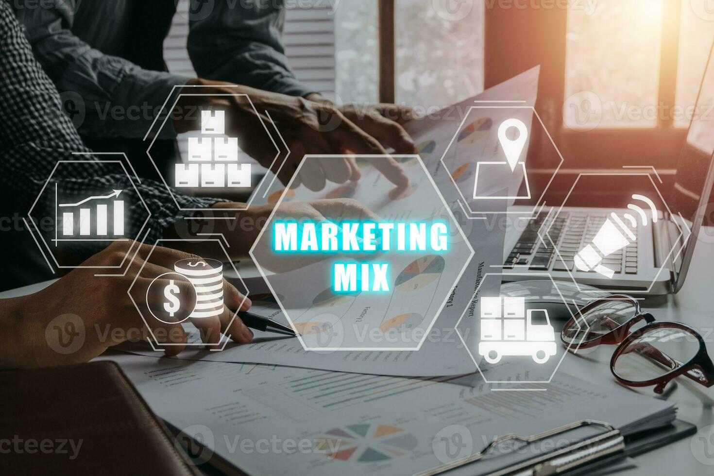 Marketing mix concept, Business team working on business paper with marketing mix icon on virtual screen. photo