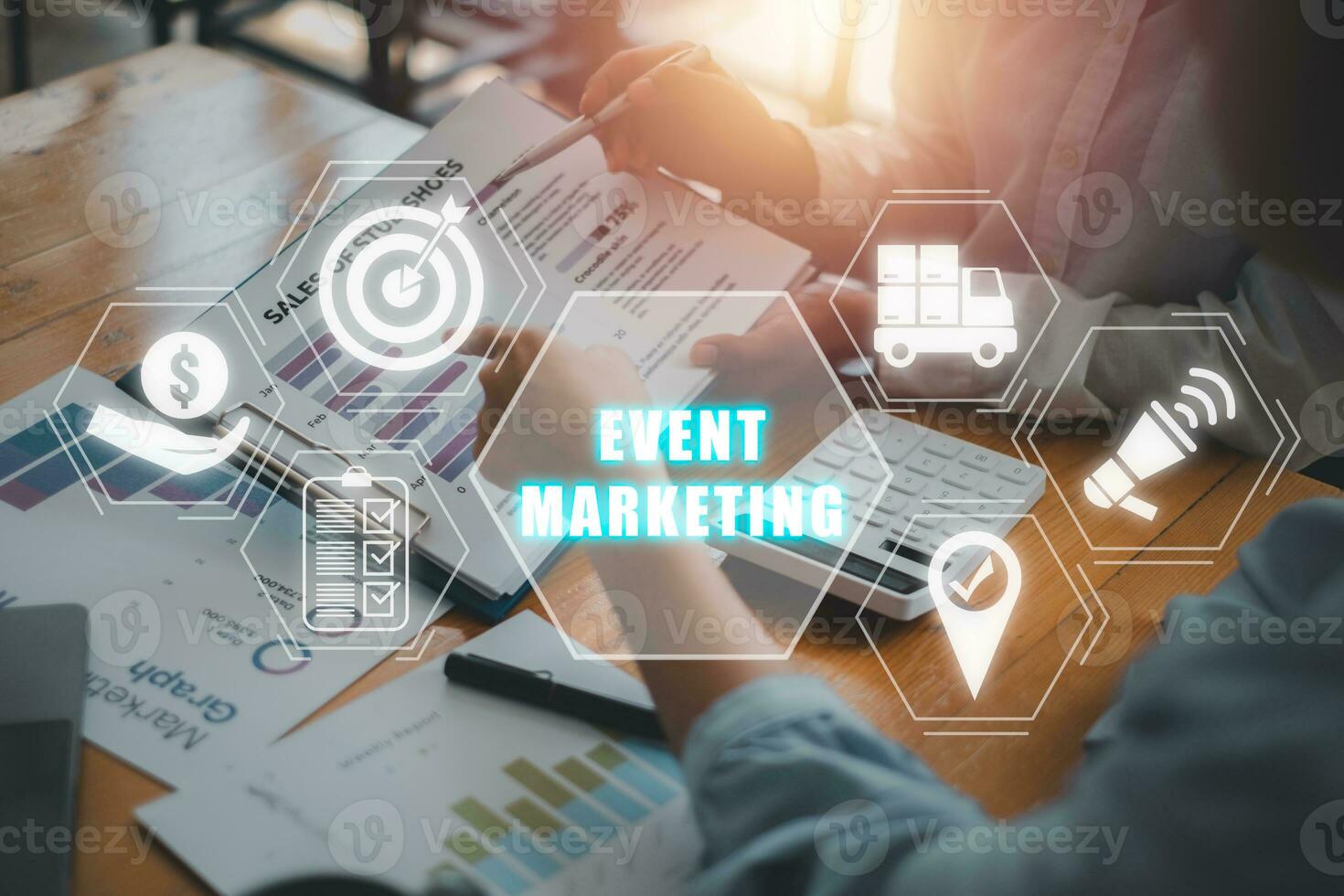 Event marketing concept, Business team analyzing income charts and graphs with event marketing icon on virtual screen. photo