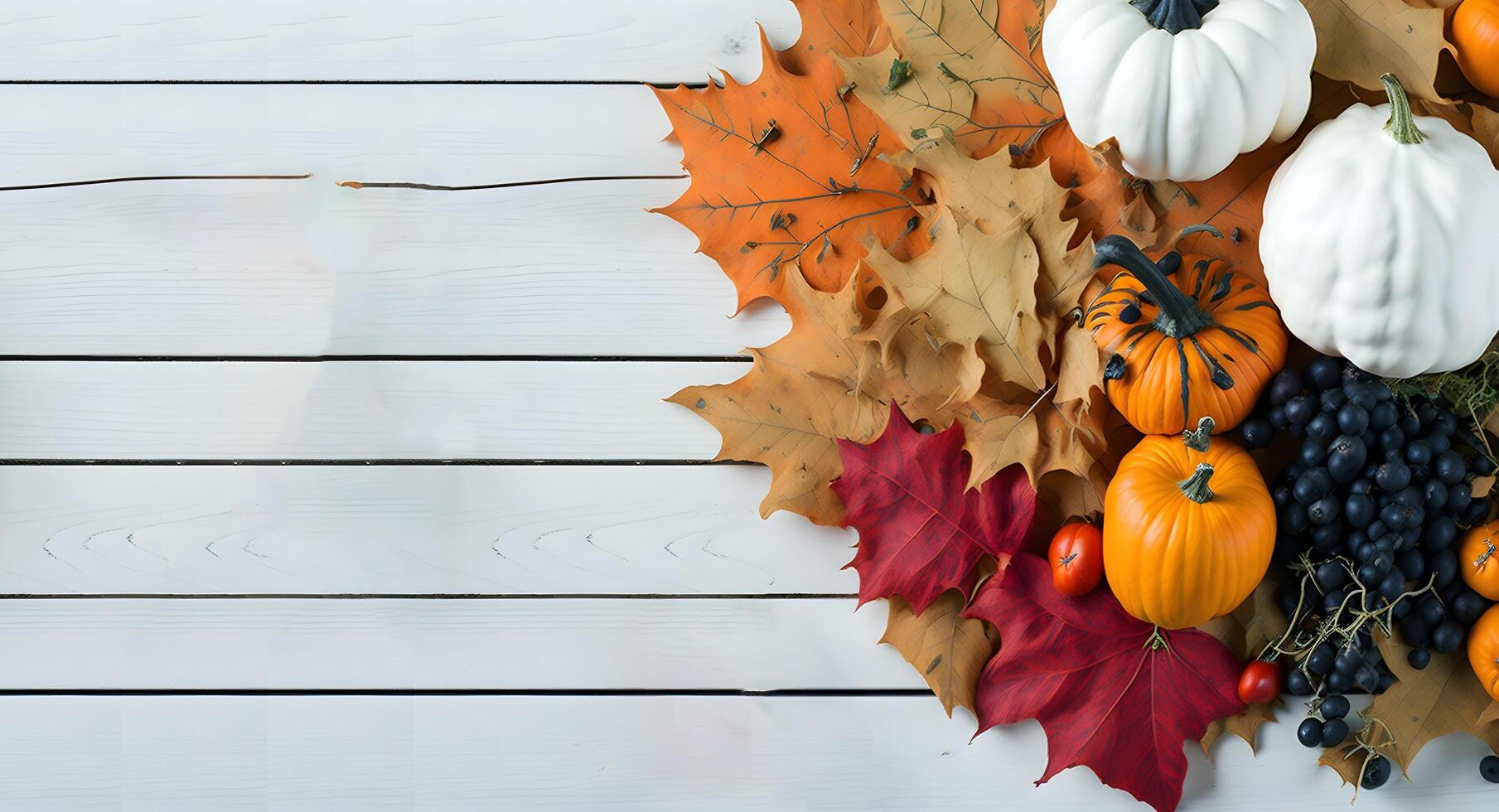 pumpkins and leaves on a white wooden table. Generative AI photo