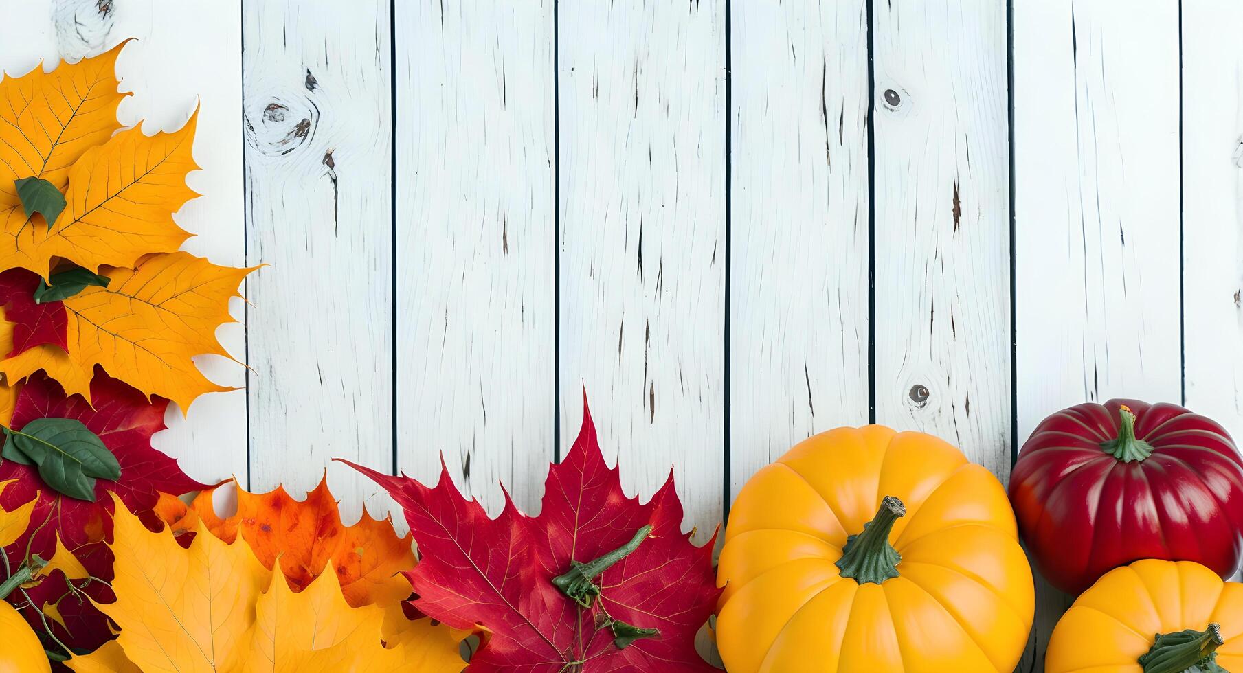 pumpkins and leaves on a white wooden table. photo
