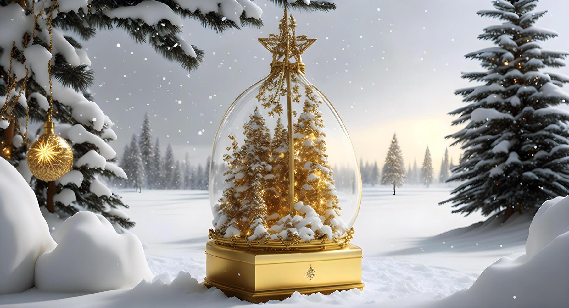A festive wintery landscape of golden and white Christmas ornaments. photo