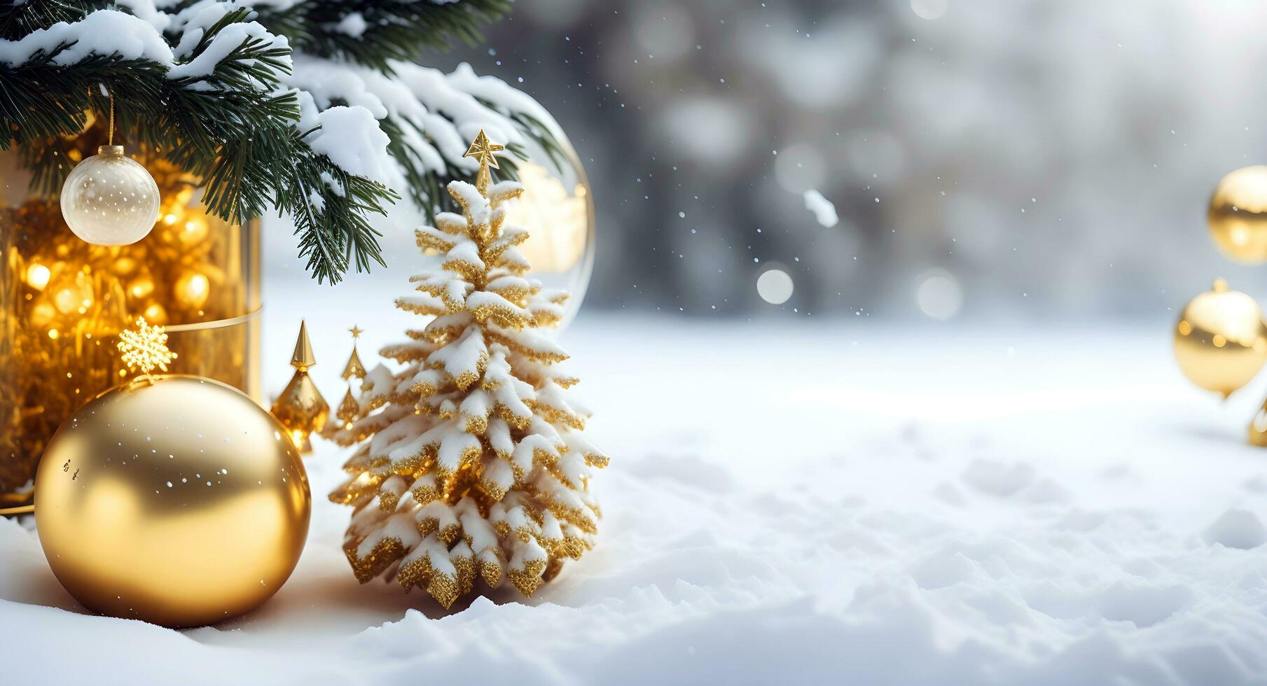 Wintery landscape of golden and white Christmas ornaments. Generative AI photo