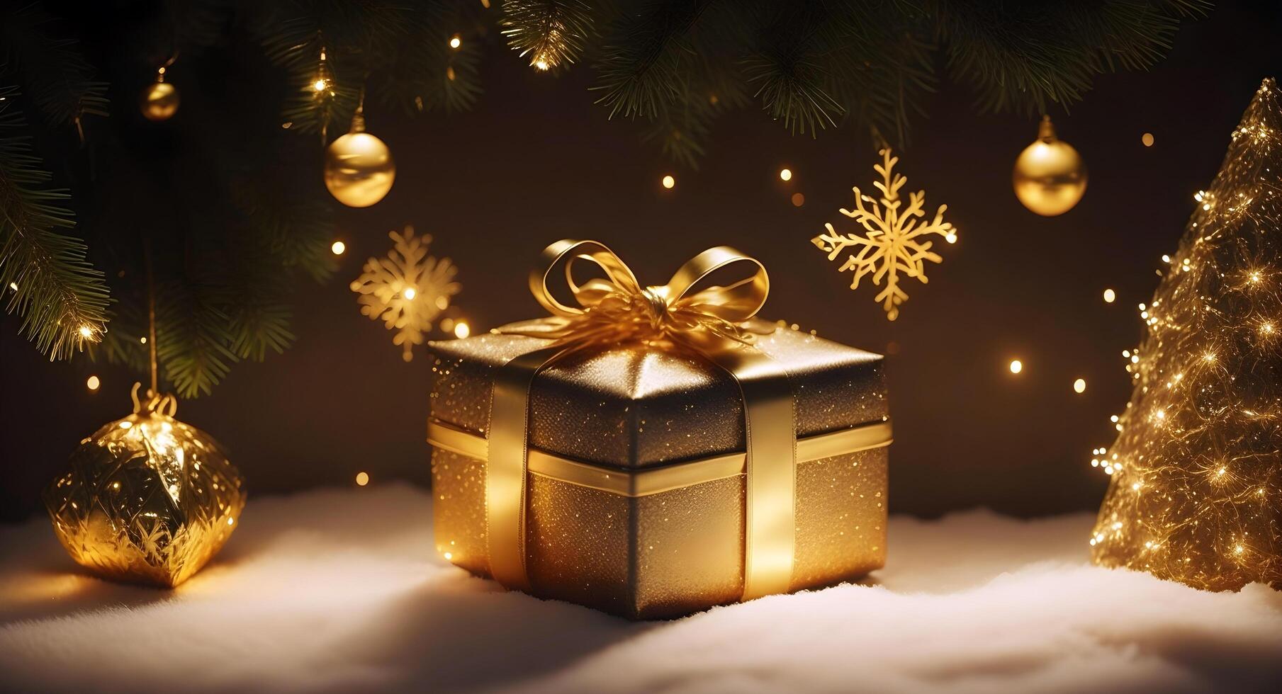 A golden gift box shining between the Christmas trees, illuminated by the magical twinkling of tree lights. photo
