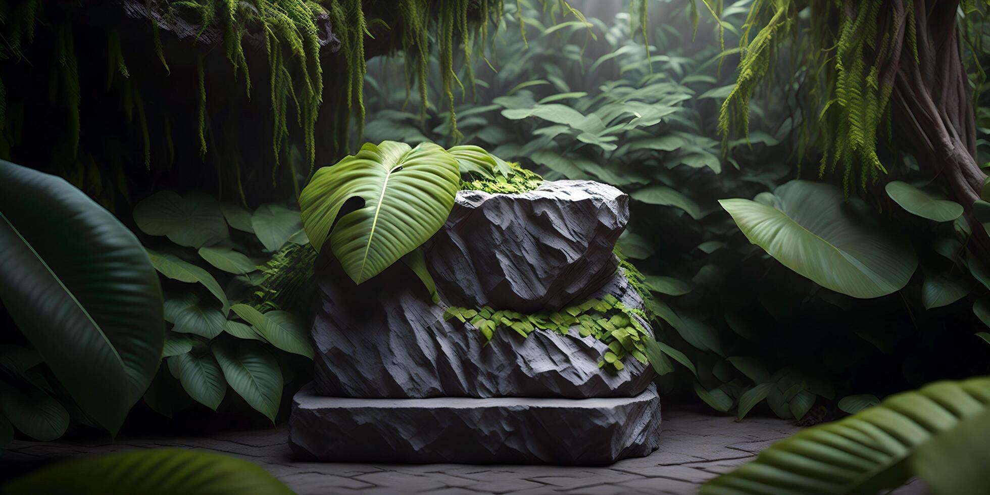 Big stone podium in jungle jungle 3d illustration, tropical jungle background. photo