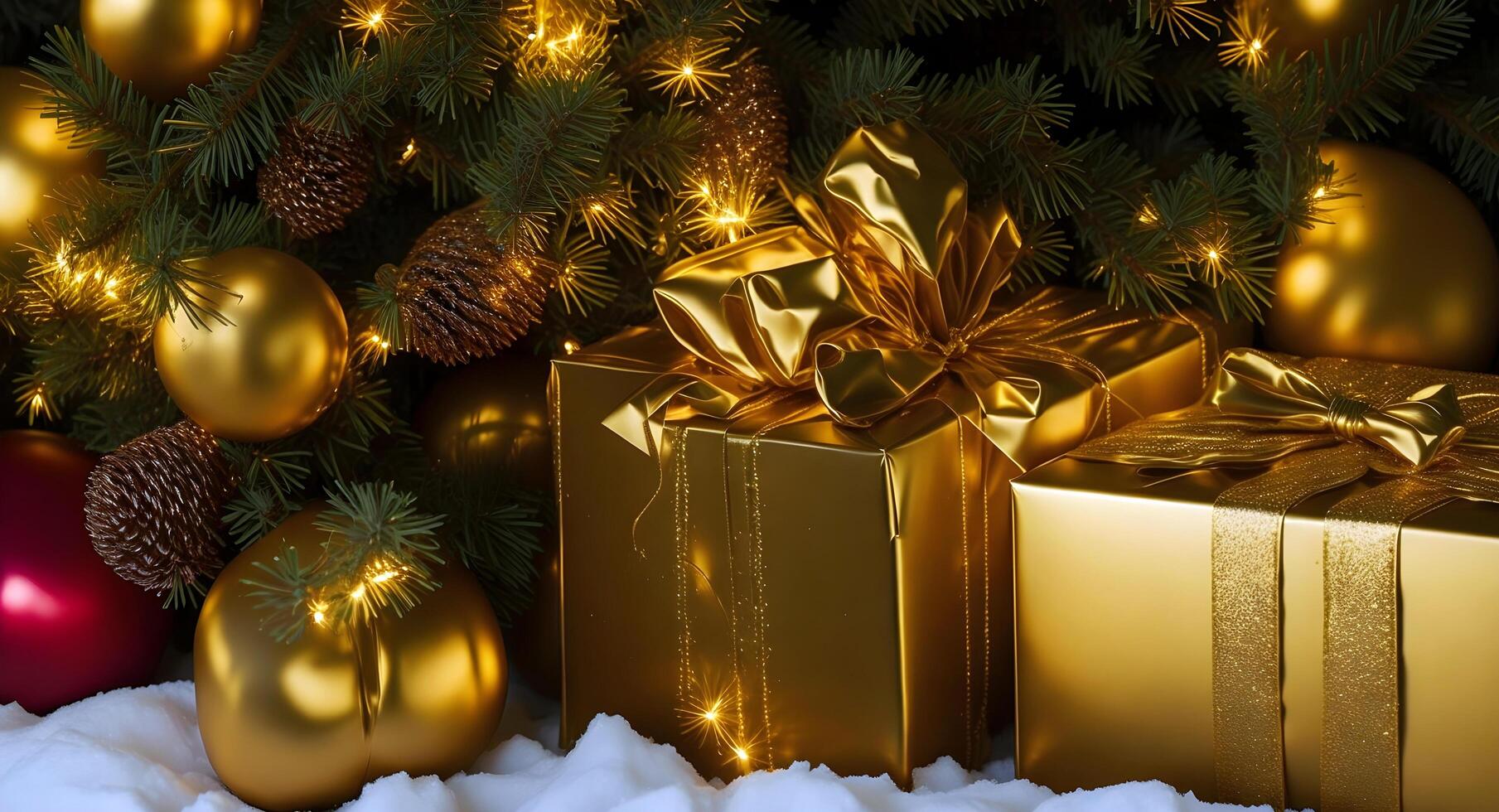 A golden gift box shining between the Christmas trees, illuminated by the magical twinkling of tree lights. photo