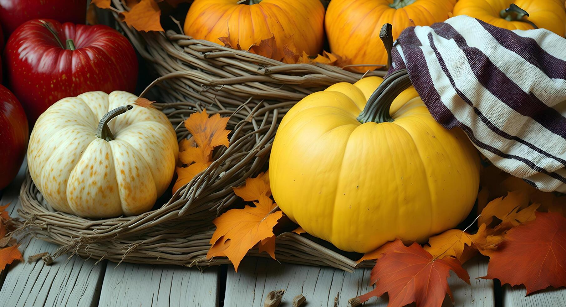 pumpkins and leaves on a white wooden table. Generative AI photo