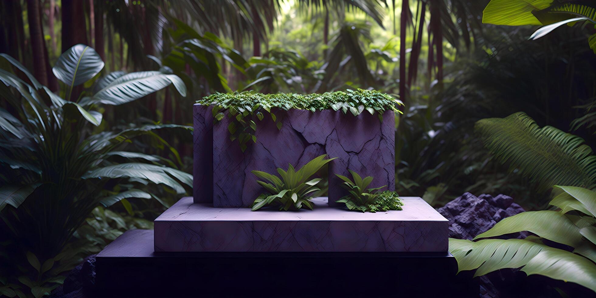 Big stone podium in jungle jungle 3d illustration, tropical jungle background. photo