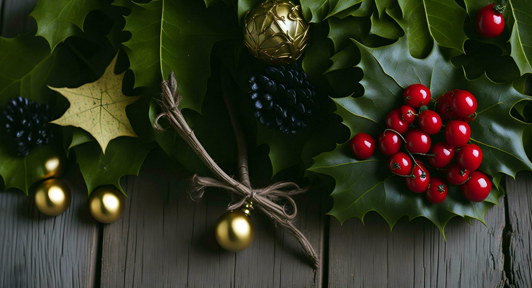 a bunch of holly leaves and berries on a wooden table photo