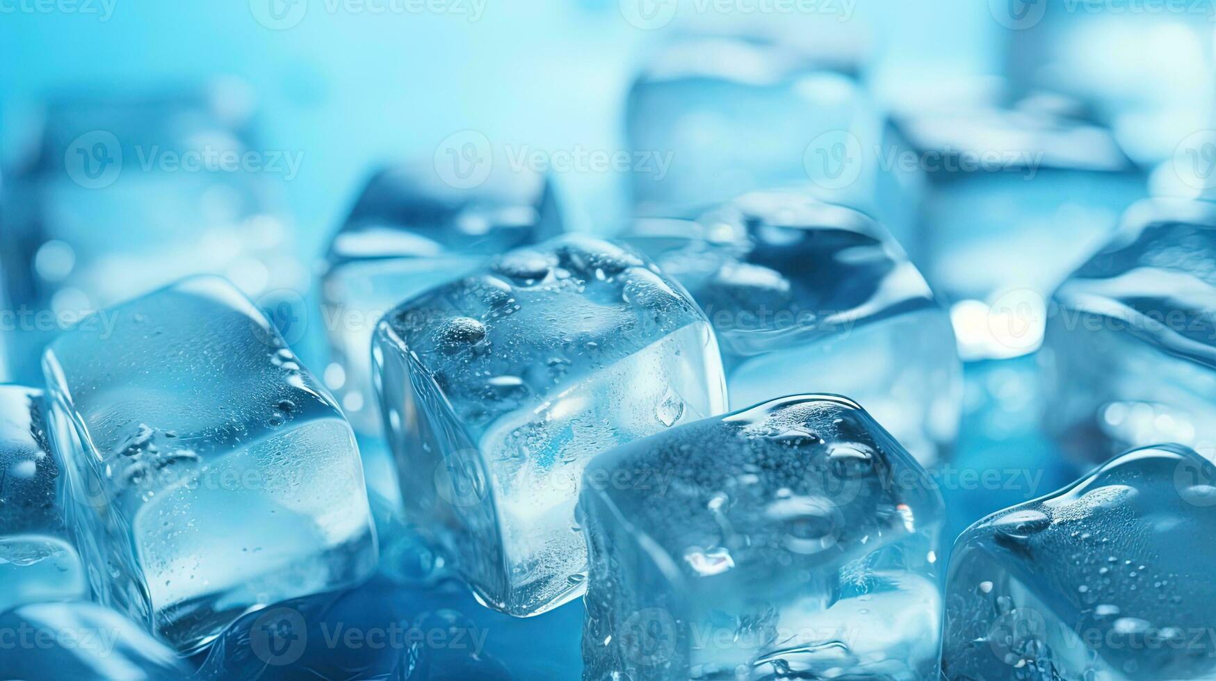 Ice cubes with water drops on a blue background. Toned. AI generative photo