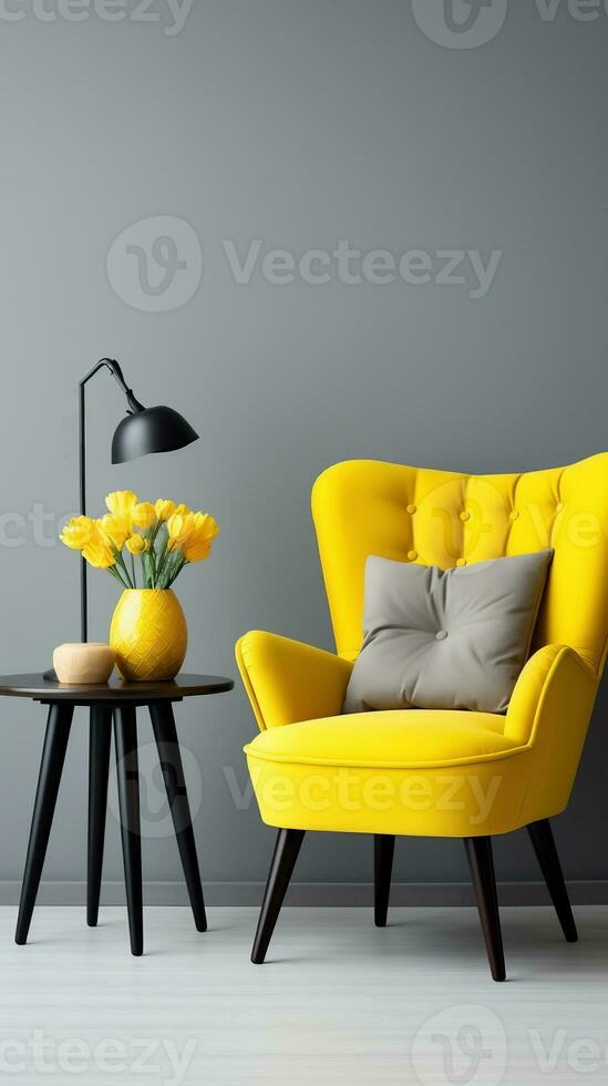 Elegant modern yellow textile armchair and table on grey wall background. AI Generated photo