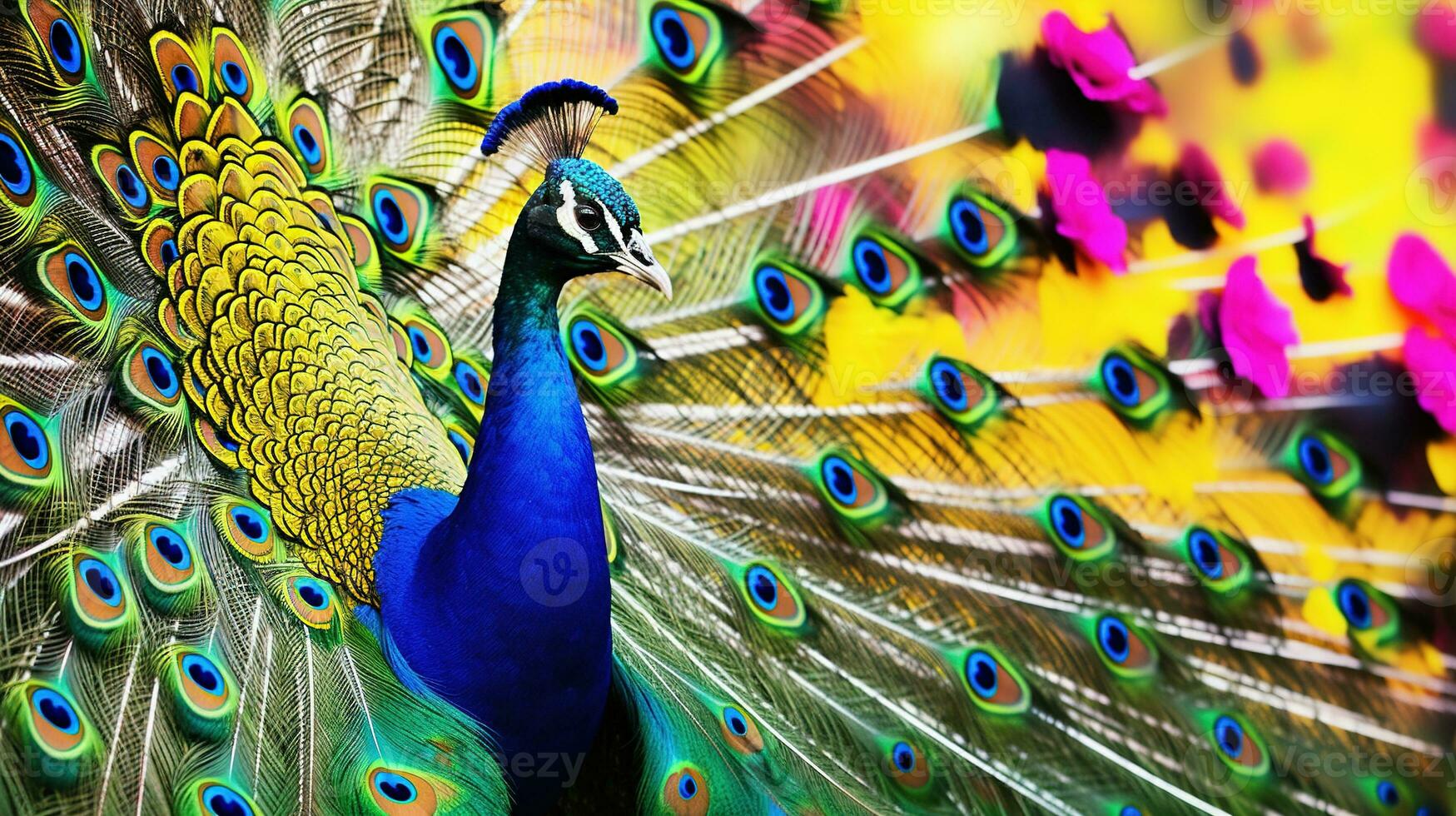 Beautiful peacock with feathers on a colorful background. Close-up. AI generative photo