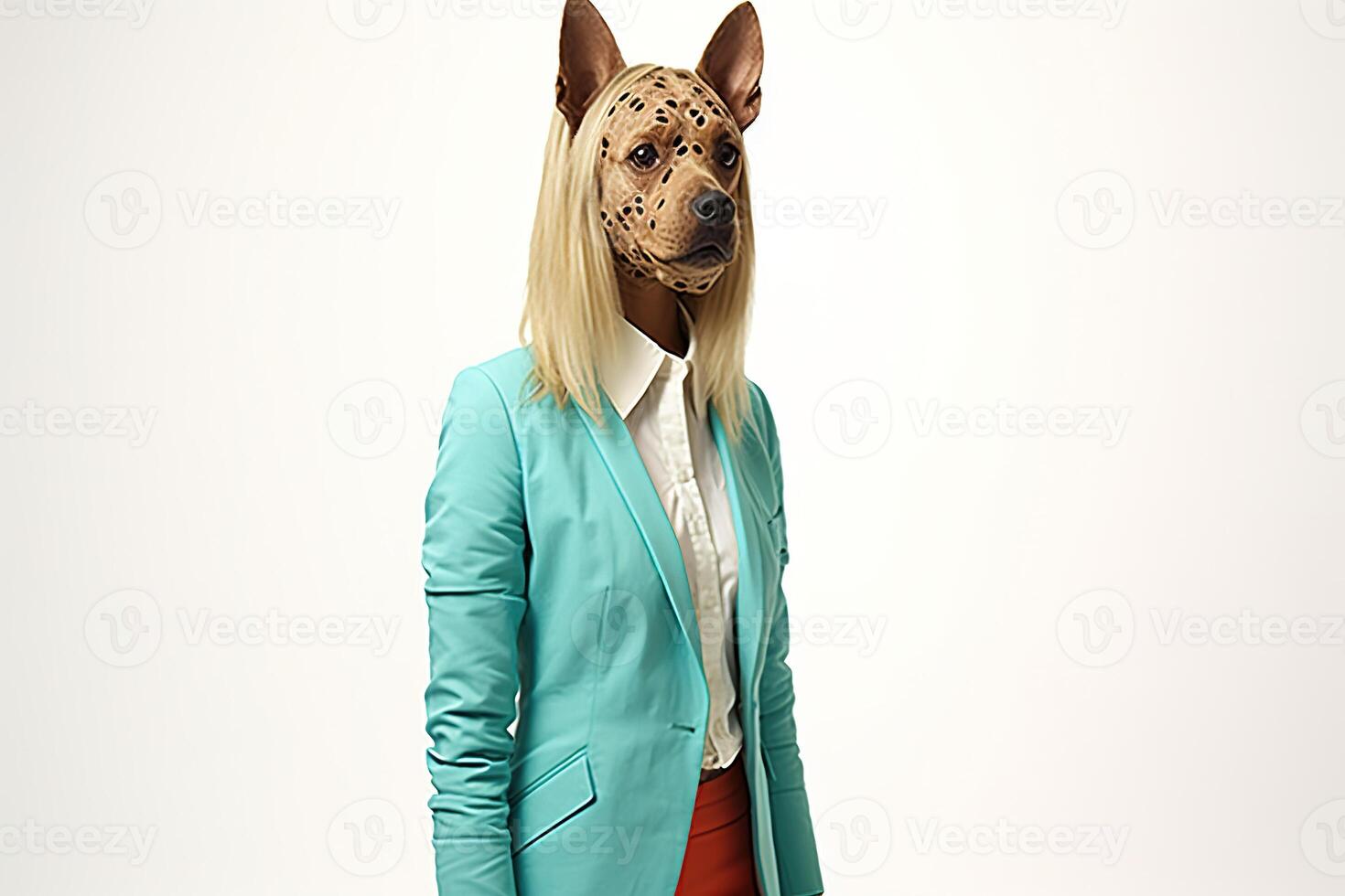 Fashion model with dog head mask in blue jacket and red skirt. AI
