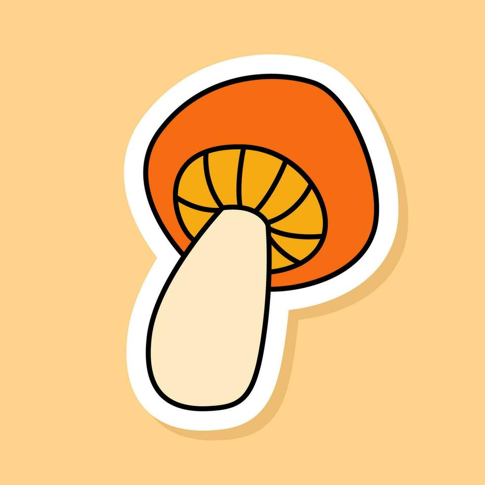 Vector Retro Mushroom sticker isolated on yellow background. 70s style cartoon icon white contour