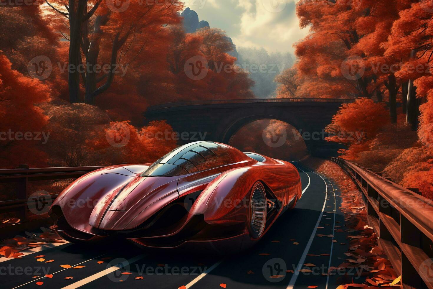 A futuristic red car on the road with fall trees. Fantastic car. AI Generated. photo