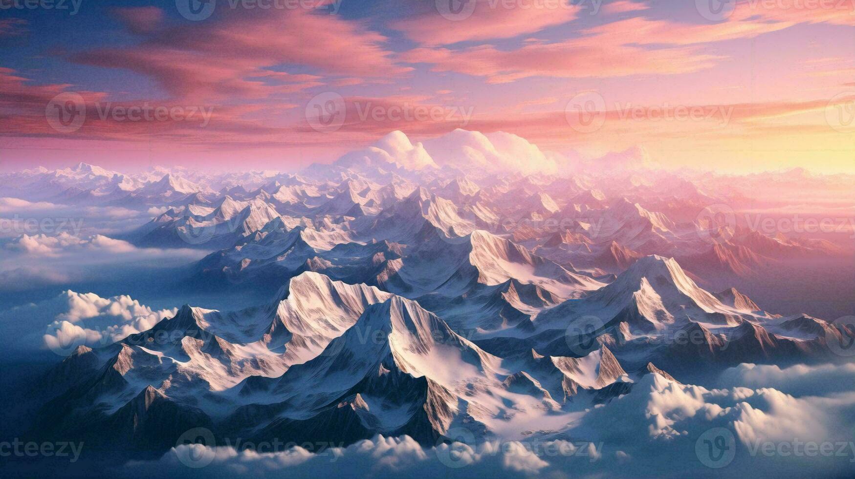 Top view of high mountains with snow caps on the peaks in nature against a pink beautiful sky, view from a drone. AI generated photo