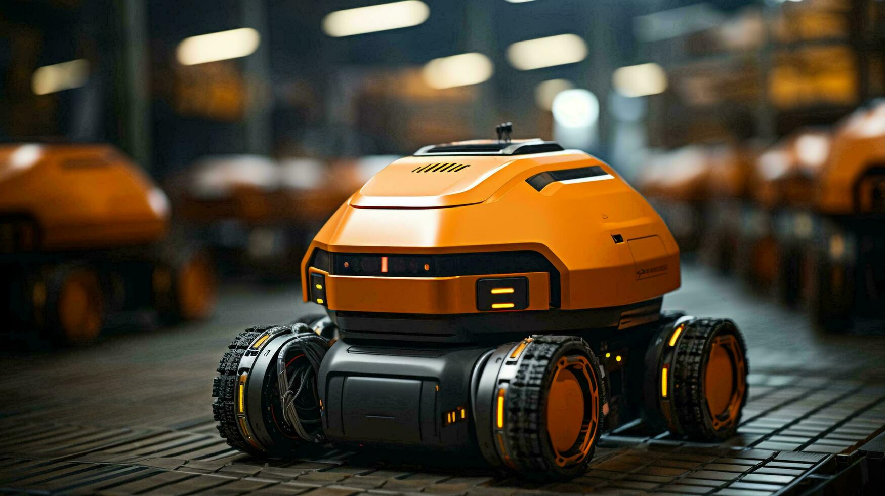 Automated robot deliverer of goods in a warehouse logistics center for the delivery and storage of goods. AI generated photo