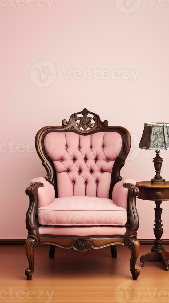 Pink elegant textile armchair with a table and a table lamp. AI Generated photo