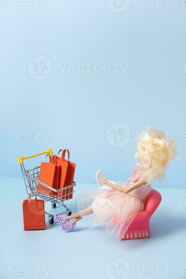 Doll with laptop and supermarket basket with shopping bags. Shopping online concept photo