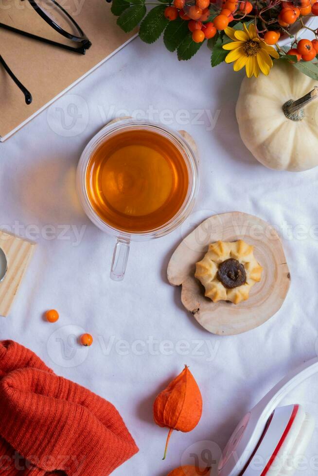 Cup of tea with cookies and autumn cozy decor with sweater and pumpkins top view, flat lay photo