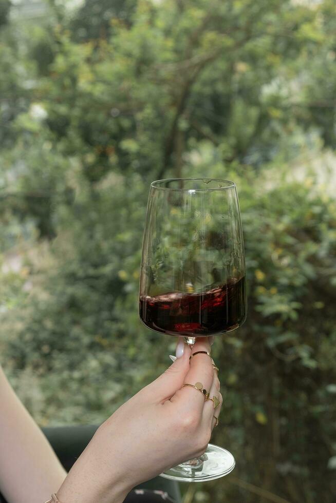 A glass of red wine in a female hand on greenery background photo