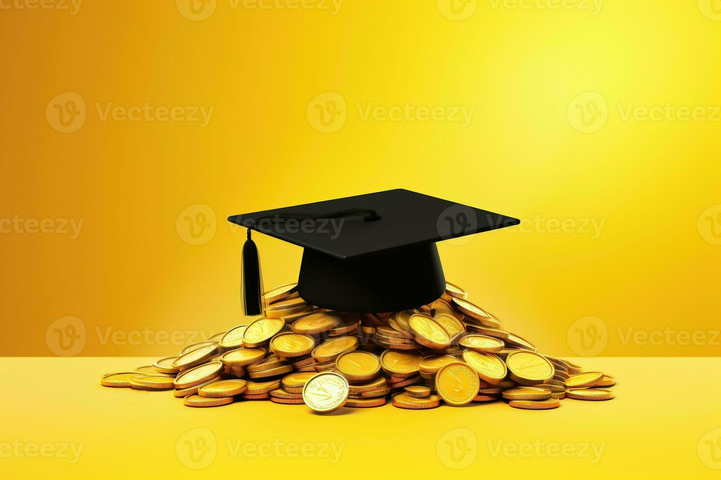 Graduated cap with coins on yellow background. Saving for education, grant concept photo